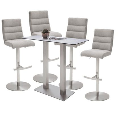 An Image of Soho Glass Bar Table With 4 Hiulia Ice Grey Fabric Stools