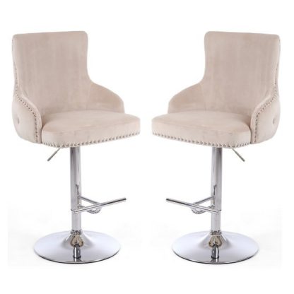 An Image of Reese Mink Velvet Bar Stools With Chrome Base In A Pair