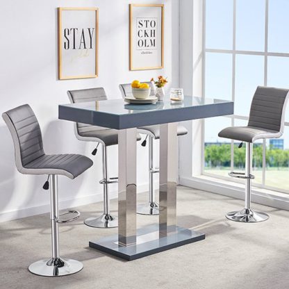 An Image of Caprice Glass Bar Table In Grey Gloss With 4 Ritz Stools