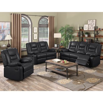 An Image of Gruis LeatherGel And PU Recliner Sofa Suite In Black
