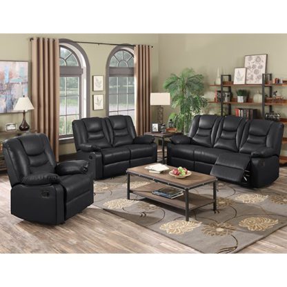 2b28d6c46261341b65e06ccb9aab8e73526e4855e66d2b3e6a2c92913edc4215.jpg An Image of Gruis LeatherGel And PU Recliner Sofa Suite In Black