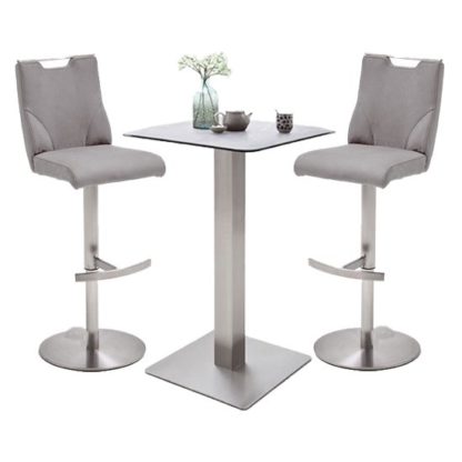 2b2c202b657b6a29c369763b3594f8fa5f1a78d5ca8982c26ebcb34948c281b1.jpg An Image of Soho Glass Bar Table With 2 Jiulia Ice Grey Stools