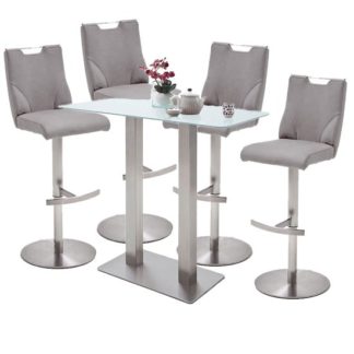 An Image of Soho White Glass Bar Table With 4 Jiulia Ice Grey Stools