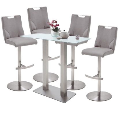 2b3091ea9e5b754c5b9834169c78701d44ef6b4c9f81b4154ed752f0cb43deb3.jpg An Image of Soho White Glass Bar Table With 4 Jiulia Ice Grey Stools