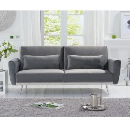 2b45ce3f80ae98ce6b7bc3fa127629d1ac7f5cef368a6d8318ca93b7250f63b5.jpg An Image of Millom Velvet Sofa Bed In Grey With Angled Metal Legs