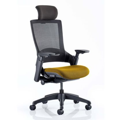 2c6f0fe4e68a9d775e5ee6f09942085a7065733f64d6fc63365d898dc2b68bfe.jpg An Image of Molet Black Back Headrest Office Chair With Senna Yellow Seat