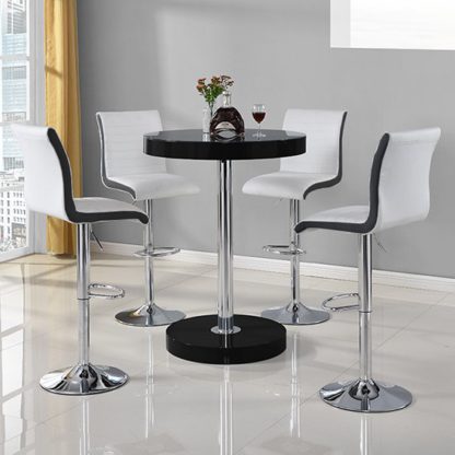 2cc8cf746c102230afe6d289efef2af0cc796d85c99134ba65fe44da846e0e34.jpg An Image of Havana Bar Table In Black With 4 Ritz White And Black Bar Stools