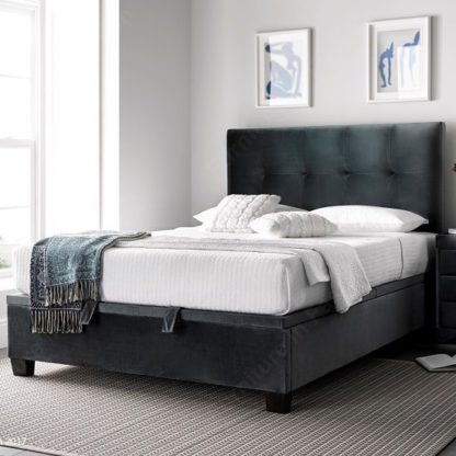 An Image of Florus Ottoman Storage Double Bed In Velvet Cliffe Mid Grey