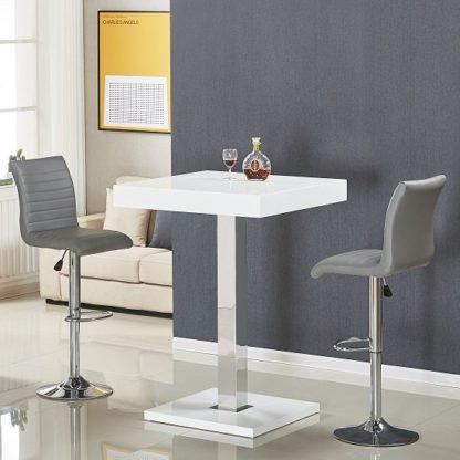 An Image of Topaz Bar Table In White Gloss With 2 Ripple Grey Stools