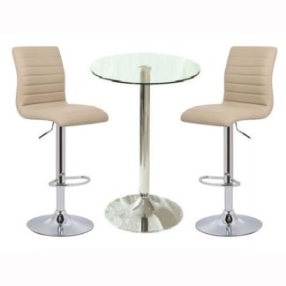 An Image of Gino Bar Table In Clear Glass With 2 Ripple Stone Bar Stools