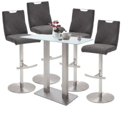 2db4514b7cde6ef4d069e8e7d0917972609038f181d9ca7c6f1aedc9c6709291.jpg An Image of Soho White Glass Bar Table With 4 Jiulia Fabric Anthracite Stool