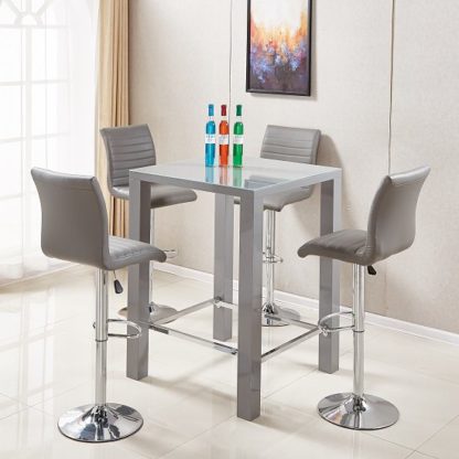 2df49632e22c74afdf82dfa079df975cf4faccb6e8b21ea23879a61b86cba6bd.jpg An Image of Jam Glass Bar Table Set Square In Grey Gloss And 4 Ripple Stools