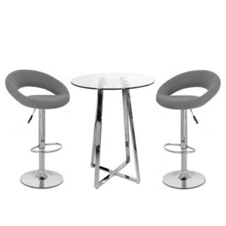 An Image of Poseur Bar Table In Clear Glass With 2 Leoni Grey Bar Stools