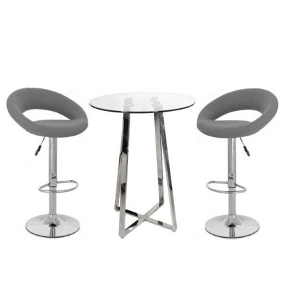 2e06f878f19c4ae38999de626b7e5621fe4d691d51512fe41f2f01742ec9d7bd.jpg An Image of Poseur Bar Table In Clear Glass With 2 Leoni Grey Bar Stools