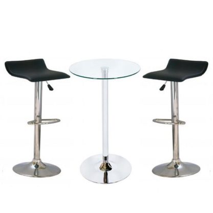 An Image of Bente Glass Bar Table With 2 Stratos Black Bar Stools