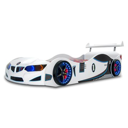 2f506eae33309d4fdb0c7b94bcab28070b10ff887a51c3aa248a73414b6ddcd4.jpg An Image of BMW GTI Childrens Car Bed In White With Spoiler And LED