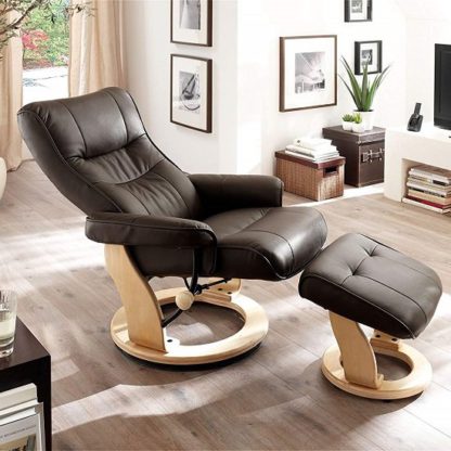 2fa23c01a1c0dff37fdba341697b53f52109cfd5360b1a4e460080f77f17346b.jpg An Image of Gumala Recliner Leather Armchair In Brown With Footstool
