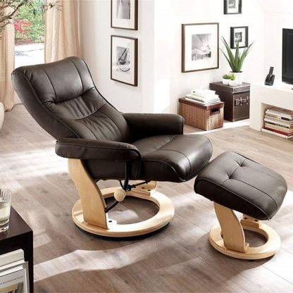 An Image of Gumala Recliner Leather Armchair In Brown With Footstool