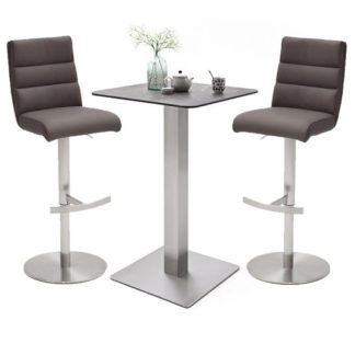 An Image of Soho Glass Bar Table With 2 Hiulia Brown Leather Stools