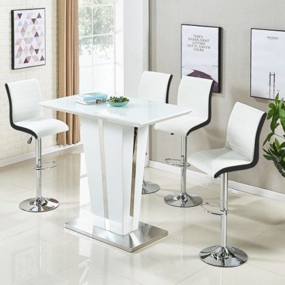 An Image of Memphis Glass Bar Table In High Gloss White And 4 Ritz Stools