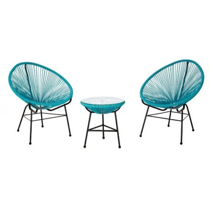 An Image of Alongan Rattan Effect Bistro Table And Chairs Set In Cyan Finish