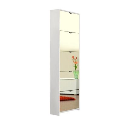 30f239e30a914b9225e89061a77475e77a3d71ca2764c4d756c616348e5abdf8.jpg An Image of Boddem Mirrored Shoe Cabinet In White With 5 Flap Doors