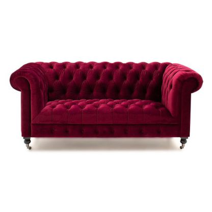 An Image of Reedy Chesterfield Two Seater Sofa In Berry With Metal Castor