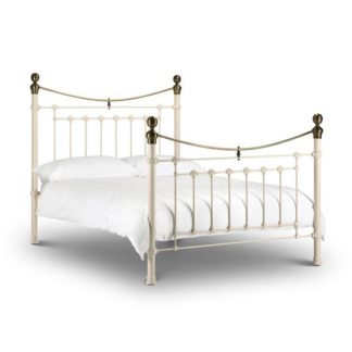 An Image of Victory Metal King Size Bed In Stone White With Brass Effect