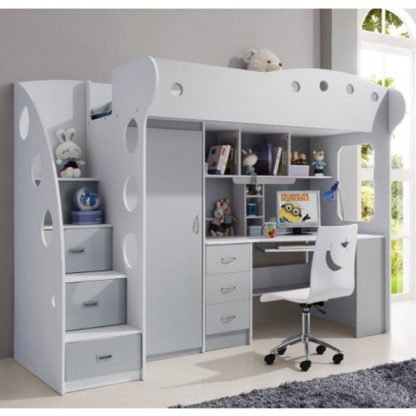 An Image of Lolo Wooden Raised Bunk Bed In White And Grey