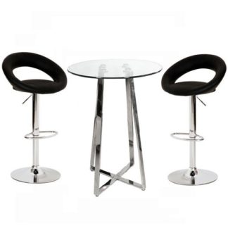 An Image of Poseur Glass Top Bar Table with 2 Leoni Black Bar Stools