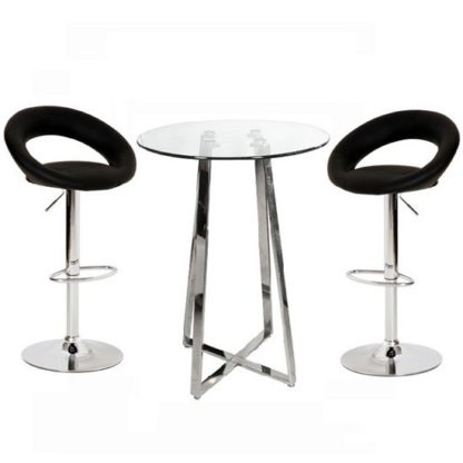 31ef42de67656c75888b6affea7927b3563efe97693e441e4430629af9718052.jpg An Image of Poseur Glass Top Bar Table with 2 Leoni Black Bar Stools