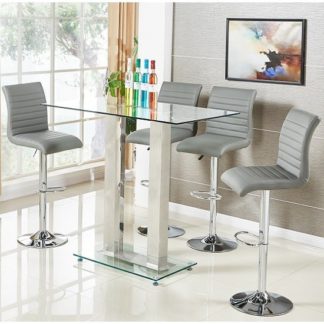 An Image of Jet Glass Bar Table In Clear With 4 Ripple Grey Bar Stools