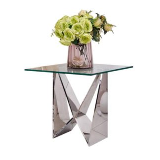 An Image of Diego Glass Side Table Square In Clear With Stainless Steel Base