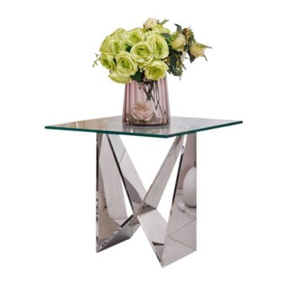 33e9517383bc55fdb64817a98e78349a15f86dcfe97e9545bc76926a61be26a1.jpg An Image of Diego Glass Side Table Square In Clear With Stainless Steel Base