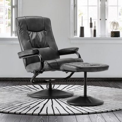 346750ef44b3dc71d5ab2239b29a155829103ac69f88d0c2256e8704af59d9b2.jpg An Image of Maison Relaxing Swivel Chair And Footstool In Black Faux Leather