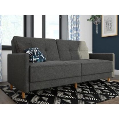 34747dd1012ff43ceeab28670c1715038e28bb3261c9c1559027a3427616fd78.jpg An Image of Andora Leather Sprung Sofa Bed In Grey Linen With Wooden Legs