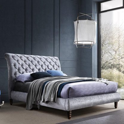 An Image of Venice Velvet Double Bed In Grey With Black Wooden Legs