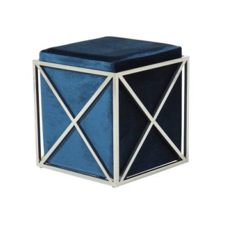 An Image of Farran Stool In Blue Velvet With Polished Stainless Steel