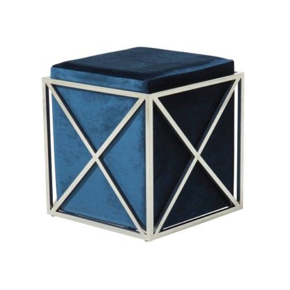 34d20e0dccbf820e7a3ecbb9a37280a4d2db1491f70628d7a6b109ebd41ba483.jpg An Image of Farran Stool In Blue Velvet With Polished Stainless Steel