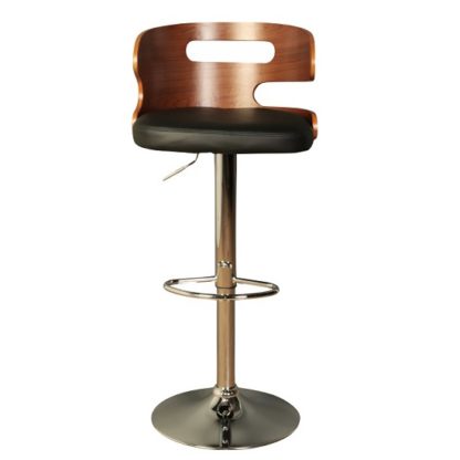 34d329828e4aa2c1b4d88561ea9a07aac55bd56efa17134d1bcd50313fe79a1b.jpg An Image of Issac Wooden Bar Stool In Black Faux Leather With Chrome Base