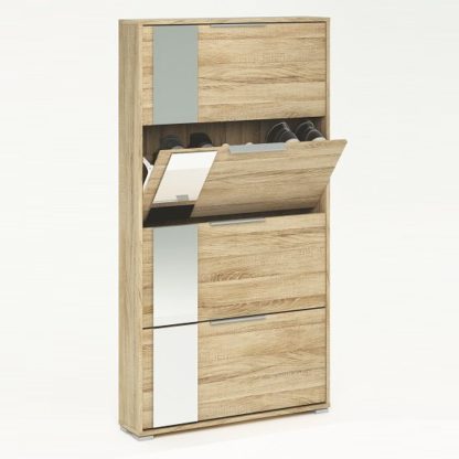 35e28fb9dc29618a0b3240e9560dab0b5debc49331492b908afba1af885c1341.jpg An Image of Rosana Mirrored Shoe Cabinet In Brushed Oak With 4 Flap Doors