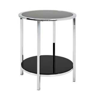 An Image of Liam Glass End Table Round In Black With Chrome Frame
