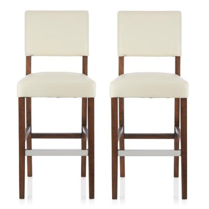 369c69da77caf0fe8adb3c47bd818444f94beed7d12954bbee7cda74513f790b.jpg An Image of Vibio Bar Stools In Cream PU With Walnut Legs In A Pair