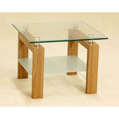 An Image of Alina Clear Glass Lamp Table With Frosted Undershelf Oak Legs