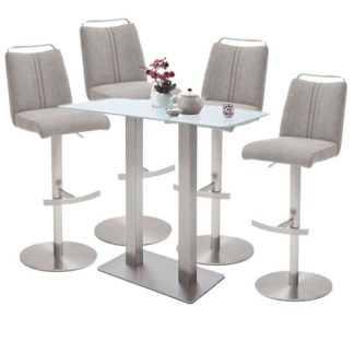 An Image of Soho White Glass Bar Table With 4 Giulia Ice Grey Fabric Stools