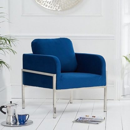 An Image of Sherri Velvet Accent Lounge Chair In Blue With Metal Frame