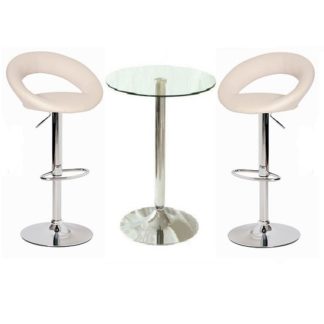 An Image of Gino Bar Table In Clear Glass And 2 Leoni Bar Stools In Cream