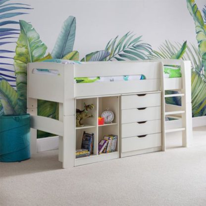 An Image of Pluto Bunk Bed With Bookcase And Chest Of Drawers In Stone White