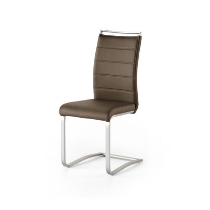 An Image of Scala Dining Chair In Brown PU With Brushed Stainless Steel Legs