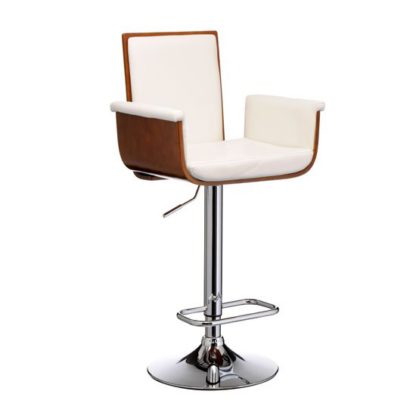 An Image of Pique Bar Stool In White Faux Leather And Walnut